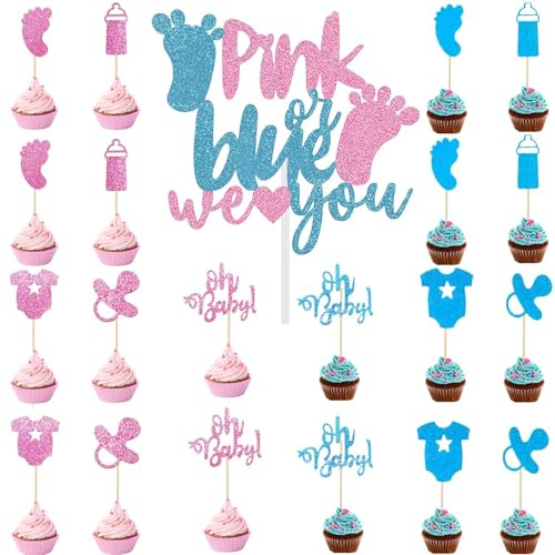 21 Pack Gender Reveal Cake Toppers, Glitter Blue or Pink We Love You Cake Topper, Boy or Girl Cupcake Toppers T-shirt Bottles Footprint Pacifier Cake Decorations for Baby Shower Party Supplies