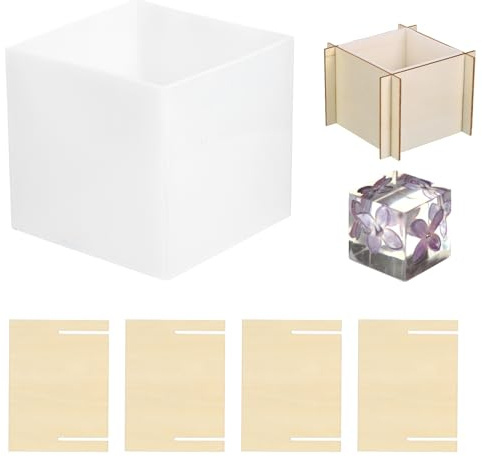 PATIKIL Stampo Resina Forma Cubo, 3 Grande Stampo Quadrato Profondo Silicone per Colata Resina Epossidica con Base Legno per Fai da Te Artigianato Artistico, Candele, Sapone (Beige)