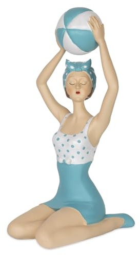Dekofigur Frau mit Ball Vintage Stil Bademode Türkis Weiß 22,5?cm hoch - Elegante Badedame im Retro Look aus Polyresin - Maritime Sommerdeko fürs Badezimmer oder Fensterbank