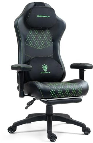 Dowinx Gaming Stuhl, ergonomischer Bürostuhl mit Massage- und Wärmefunktion, atmungsaktivem Taschenfederkissen wie im Sofa, verstellbarer PC Stuhl mit Fußstütze, Rücken- und Nackenstütze, Schwarz Grün