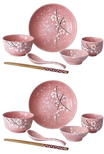 DECOMELODY Japanisches Keramikbesteck mit Rosa Keramik Haushaltsgeschirr 12 Stück im Japanischen Stil Elegantes Geschirrset für Dinner und Hotel