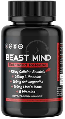 Beast Mind Extended Release Extreme Energy Pills | 400mg XR Caffeine | 600mg Ashwagandha | 200mg Lion's Mane, Increased Energy & Focus, Natural Nootropic Labs