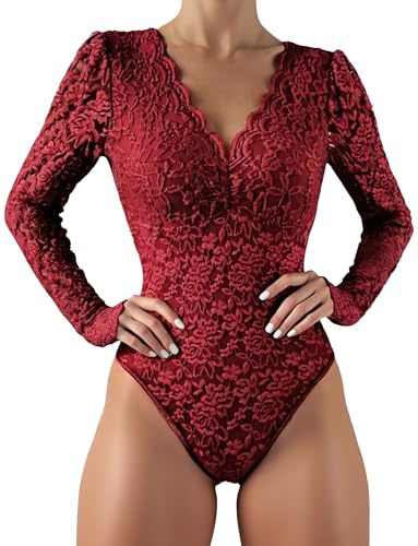 Ausing Donna Bodyblusa Elegante Discoteca Bodysuit Pizzo Extension da Donna Body Maniche Lunghe Mesh Rosso Vivo Top Manica Lunga Natalizio Sottogiacca Sexy Scollo A V Camicia Trasparente Stretta M