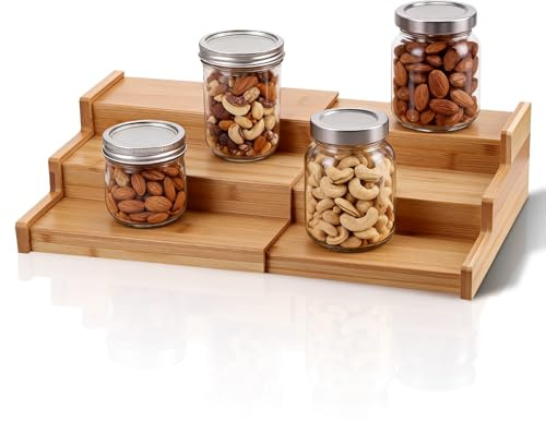 MICHIHOMIE Ausziehbares Bambus-Gewürzregal mit 3 Ebenen - Küchenregal für Arbeitsplatte oder Schrank, Küchen-Organizer B x H x T: 22-38 x 8.5 x 22 cm
