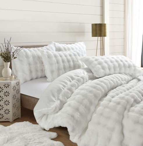 LIZZIE JACOBS Square Teddy Fleece Bedding Set Luxury Fluffy Ultra Soft Duvet Cover with Pillowcases Thick Warm Cosy Winter Quilt Cover Premium Plush Teddy Extra Warm Bedding Set (White, Double)