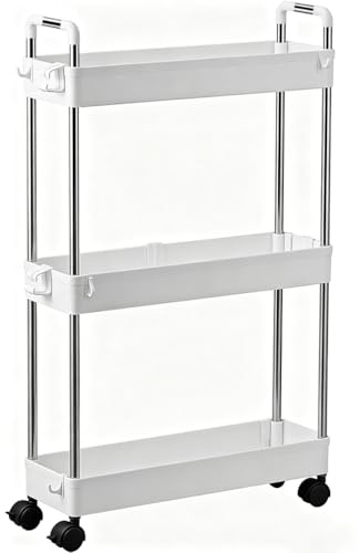 huiziyi 3-Tier Storage Trolley Cart Slide-out Slim Rolling Utility Cart Mobile Storage Shelving Organizer for Kitchen, Bathroom, Laundry Room, Bedroom, Narrow Places, Plastic & Stainless Steel