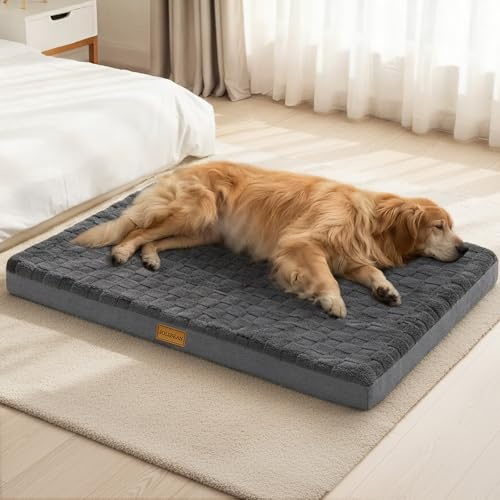 Jolibean Panier Chien Grande Taille Orthopédique, 91x61 cm | Lit Pour Chien en Mousse Alvéolée, Coussin Déhoussable, Housse Lavable et Base Antidérapante, Moelleux et Léger, Gris Foncé