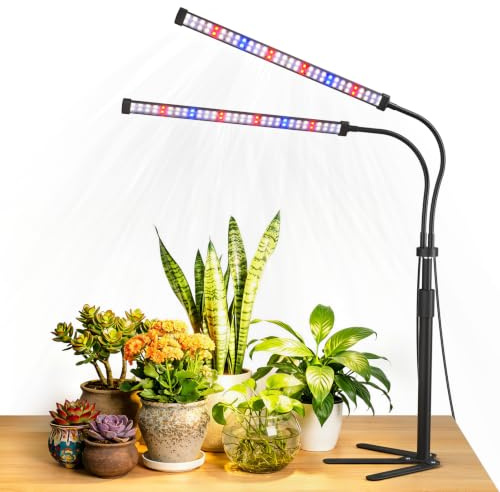 Sonamindary Pflanzenlampe LED mit Stativ, 15W Vollspektrum Wachstumslampe | Doppelkopf 120 LEDs 5700K für Zimmerpflanzen, 4/8/12 Std. Timer & 5-stufig dimmbar