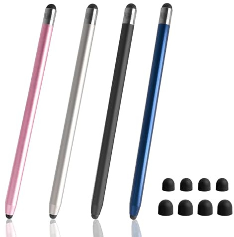 4 Piezas Lápiz Táctil Universal, Lápiz Capacitivo 2 en 1 | con 8 Puntas de Repuesto, Compatible con Tabletas, Pad, Phone, Galaxy, Android (Azul+Negro+Plata+Rosa)