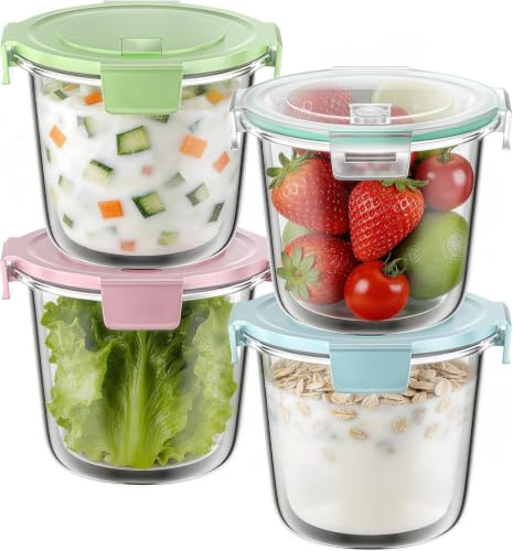4er Set Runde Glasbehälter mit Deckel, 710 ml Meal Prep Gläser für Suppe, Salat, Müsli – Luftdicht, Auslaufsicher, BPA-frei, Frischhaltedosen Glas für Mikrowelle, Gefrierschrank, Spülmaschine geeignet