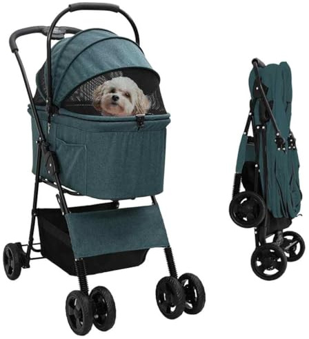 QUAHEAS Poussette pliable verte en polyester 81 x 47 x 99 cm avec frein, fenêtre en filet, sac et panier pour chiens, chats, chiots - Chariot de transport pliable idéal pour la marche et l'extérieur