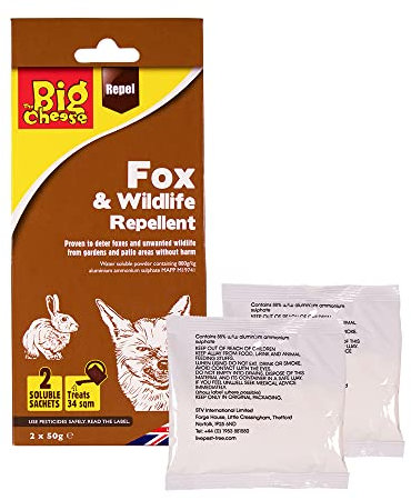 The Big Cheese Fox and Wildlife Repellent – Twinpack 50 g Sachets. Water Soluble Fox and Wildlife Deterrent. Protection for Gardens, Flowerbeds and Patio Areas, Treats up to 17 m2