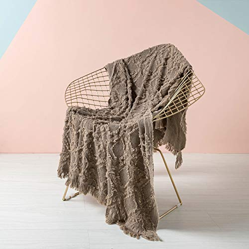 SIMPLEOPULENCE Überwurfdecke aus 100 % Baumwolle, für Bett, Couch, Boho-Struktur, geometrische Strickdecke mit Quasten, atmungsaktiv, Shabby-Chic-Bauernhaus-Dekoration für alle Jahreszeiten (braun)