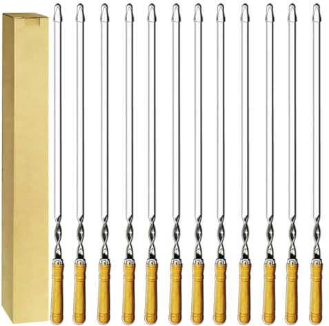 Antallcky 12 Pack Kebab Skewers 22 Inch BBQ Barbecue Skewers Stainless Steel Sticks Heavy Duty Large Wide Reusable with Nonslip Wooden Handle Ideal for Shish Kabob Chicken Shrimp and Vegetables