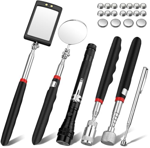 XUNTOP Recogedor Magnético Telescópico 6 Pcs Herramienta Telescópica Incluye Varilla de 6.8kg/0.45kg/3.6kg con Luz LED, Espejo de Inspección Redondo/Cuadrado, Linternas Giratorias de 360 °