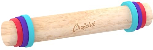 Chefclub Kids – Nudelholz aus Holz – 3 abnehmbare Silikonringe für verschiedene Teigstärken, Yellow