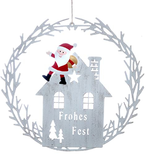 dekorativer weihnachtlicher Dekokranz Türkranz Haus mit Santa und Schiftzug Frohes Fest Creme Gold gebürstet