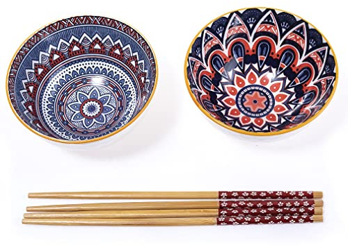 lachineuse Set med 2 etniska skålar HGR 11 cm - risskålar, orientalisk soppa, stekskål och aptitretare - 2 par ätpinnar - Japan Asien Indien Ramadan - Asiatisk afrikansk servis gåva