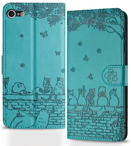 Butnyeoe Handyhülle für iPhone SE 2022/SE 2020,Zaunkatzen iPhone 8/7 Klappbar Hülle,Geprägtes PU Leder Wallet Schutzhülle Tasche Flip Case,Magnetische Klapphülle mit Kartenfach Standfunktion,Blau Grün