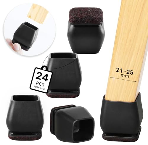 RCHYFEED Schwarz Schutzkappen, 24 Stück Schutzkappen für Eckig Schräg, Stuhlbeine mit Filz, TPE Bodenschoner für Stühle, Stuhlbeinschoner Geräusche und Kratzer Beseitigen (Eckig,21-25mm)