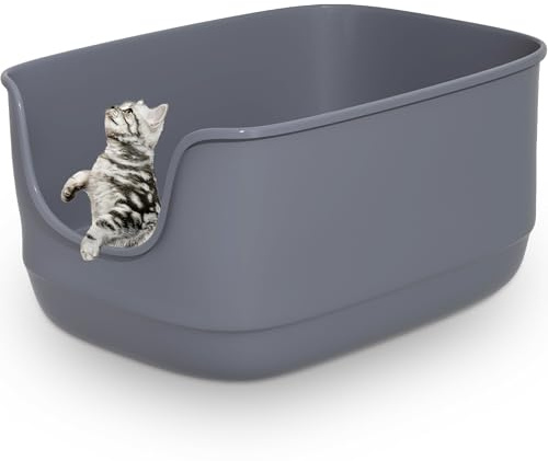 Gefryco Große Katzentoilette mit hohen Seiten, 62,5 x 46,5 x 31 cm, extragroß, offen, spritzwassergeschützt, hohe Wand für mehrere Katzen, Grau