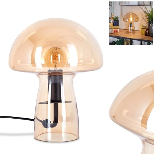 Tischleuchte Almagre, Tischlampe aus Metall/Glas in Schwarz/Bernsteinfarben, im modernen Vintage/Retro-Design mit Schirm aus Glas (Ø 18 cm) u. An/-Auschalter am Kabel, 1 x E14, ohne Leuchtmittel