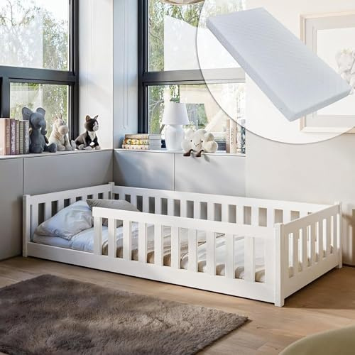Kids Collective Kinderbett Bodenbett 80x160 cm Bett mit Matratze, Rausfallschutz & Lattenrost Montessori Bett Gitterbett Kinder Jugendbett Einzelbett komplett Set weiß Kiefer Holz massiv Junge Mädchen