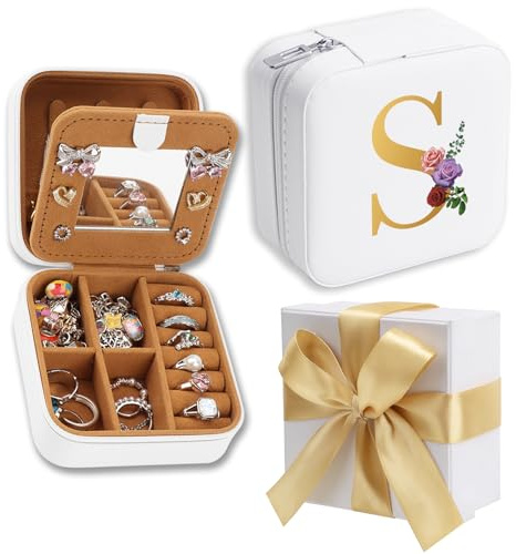 WALLFID Bow-Tied Geschenkbox,Weißes Schmuckkästchen für Reise,Personalisierte Geschenke,Schmuckkästchen Reise - Mit Spiegel und Aufbewahrung für Uhren,Lippenstifte,Ohrringe,Halsketten (S)