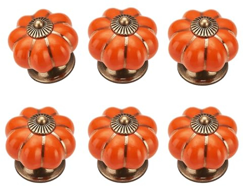 CYILIUEN 6 Stück Kürbis Keramik Möbelknöpfe Orange Schrankknöpfe Vintage mit Schrauben und Dichtungen für Kleiderschrank, Heimdekoration, Zinklegierung