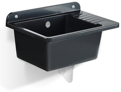 GOSPO Ausgussbecken aus Polystyrol, 50.5 x 34.5 cm, Spülbecken mit Ablagefläche, Waschbecken für Werkstätten, Garagen und Hauswirtschaftsräume (Schwarz, Solo)