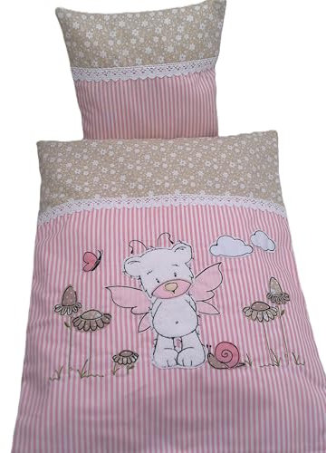 Puppenbettwäsche rosa 4-Teile, zum Beziehen, Maße: Decke 33b x 42h cm, Kopfkissen 20b x 20 cm mit gesticktem Teddybär, Puppenwagen, Puppenbett