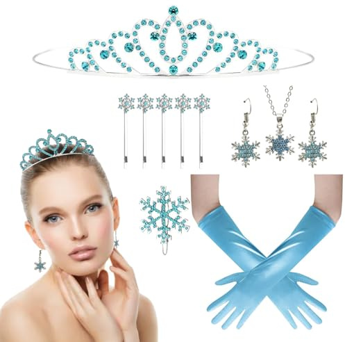 XINDY ELSA Kostüm Damen, ELSA Krone Prinzessin Krone Frozen Haarschmuck Haarspangen Schneeflocken Ohrringe Kette Handschuhe für Fasching Karneval Prinzessin Frozen Kostüm Zubehör