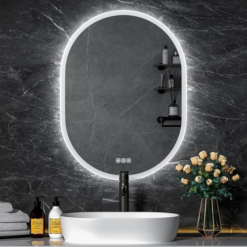 furduzz Oval LED-badrumsspegel 50 x 70 cm, upplyst badrumsspegel med touch/demister/3 färger, dimbar, badrumsväggspegel, horisontell/vertikal