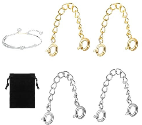 Necklace Extender,4PCS Bracelet Safety Chain with Black Cloth Bag,Silver Safety Chain for Bracelet Anti-Tangle Lock,Fine Extender for Jewelry Making,Protection Jewelry(Gold*2,Silver*2)