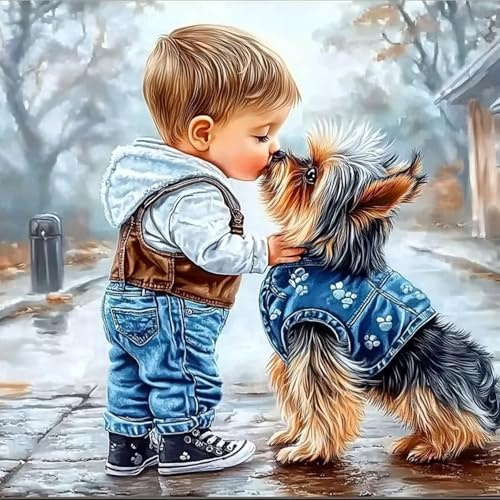CEOVR Diamond Painting Bilder Kit Erwachsene,5D Süß Diamond-painting 30x30 cm,Junge und Hund Diamant Art Set
