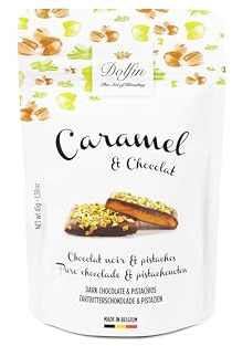 Dolfin Caramelo y Chocolate - Chocolate Negro con Pistachos Tostados - Caramelo Casero de Mantequilla Salada, Nueces Frescas y Crujientes - Regalos, Dulces, Golosinas - Hecho en Bélgica - 45g