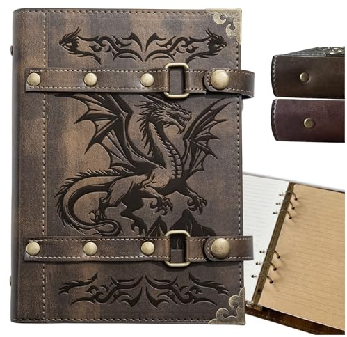 DUROTAN Dnd-notizbuch, Drachen-Tagebuch Für Dungeons and Dragons/dd-Zubehör, Geschenke, Nachfüllbar, Leder, 400 Seiten, A5, Personalisierter Notizblock Änner Und Frauen, 1-Khaki-Drache, M