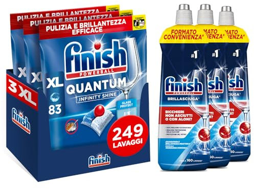Finish Quantum Infinity Shine Pastiglie Lavastoviglie, 249 Capsule, per una Pulizia Profonda e Stoviglie Brillanti, e 3 Confezioni di Brillantante 800ml, Additivo per Stoviglie Splendenti e Asciutte