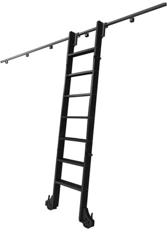 Rollbare Bibliotheksleiter mit schwarzem Haken, Metall-Schiebeleiter, Hardware-System mit Seilzug, Wandhalterung und Bodenrollenrädern (210 cm Leitergröße)