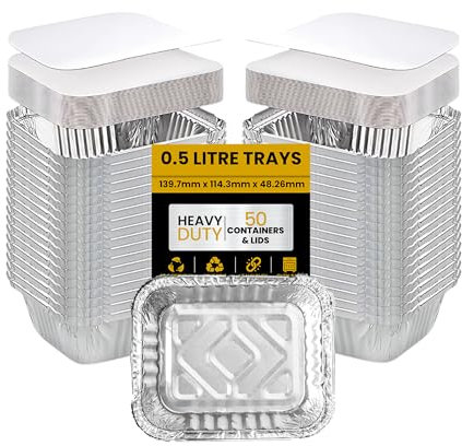 Superior Pack of 50 Aluminium Foil Containers with Lids - 0.5L Meal Prep Food Trays, Foil Trays for Baking, Roasting, Takeaway containers & Storage - Oven Safe, Leak Resistant