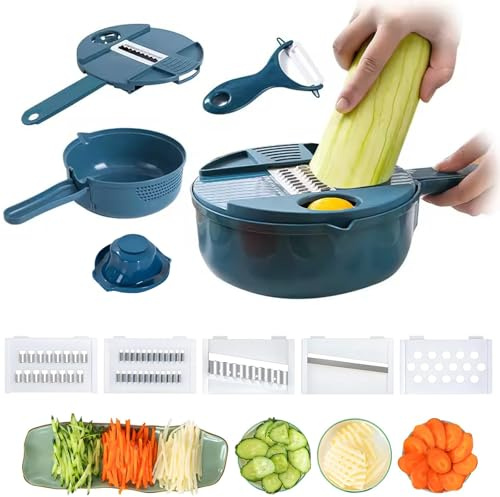 UCK-KIT Vegetables cheese grater Tool Set Multifunctional Vegetable Cutter with Drain Basket, Vegetable Slicer, Kitchen gadgets Veggie Peeler Shredder Set,Blue,7 in 1