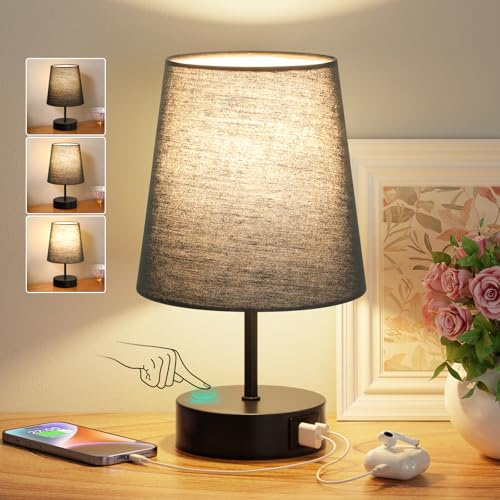 PreeOtti Nachttischlampe Touch Dimmbar, USB A+C-Ladefunktion, Tischlampe mit Schwarzem Stoffschirm, Kleine Lampe für Nachttisch Wohnzimmer Schlafzimmer Kinderzimmer Büro(LED-Birne Inklusive)