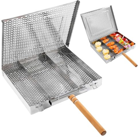 MoSundi Cestello per grigliare in acciaio inox con manico rimovibile resistente al calore per pollo, pesce, verdure, 30,5 x 25,5 x 4 cm, doppio manico