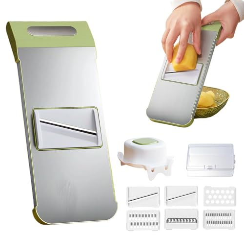 Comfortable Grip Handheld Mandoline Vegetable Slicer, Multifunctional Vegetable Cutter, Food Chopper with Food Container, Hand Protector Julienne Slice for Potato Onion (Grün)