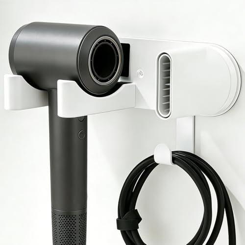 YuLiMirich Föhn Halterung, Fönhalter Ohne Bohren Wandhalterung aus Aluminiumlegierung für Badezimmer, Haartrocknerhalter mit Kabelhaken, Bohrfreie Installation (Weiß)