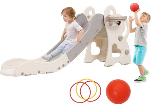 Kinder Rutsche ab 1 Jahr, Faltbare Kinderrutsche mit Basketballkorb Ringwurfspiel, Gartenrutsche Kleinkinderrutsche für Indoor Outdoor
