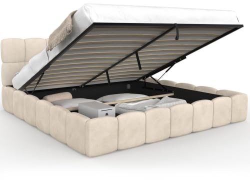 IDMarket - Lit Coffre Double Nuage 180 x 200 cm Velours Beige | Avec tête de lit matelassée et sommier