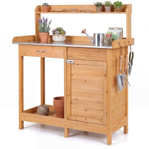 COSTWAY Tavolo da Giardinaggio in Legno con Piano in Acciaio (Legno)