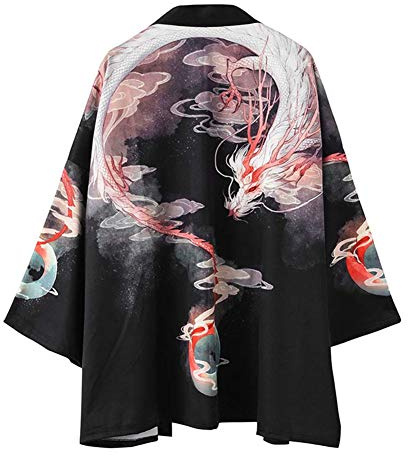 Siehin Herren Drache-Druck Frühling-Sommer Kimono Cardigan Japan Happi Kimono Jacke Yukata Coat Ukiyoe Baggy Tops (L (Tag 2XL))