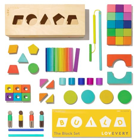 Lovevery La Boîte de Cubes en Bois, Blocs de Construction Enfants durables en Bois Massif, avec Plus de 20 activités et 18 Formes, Jouets éducatif STEM